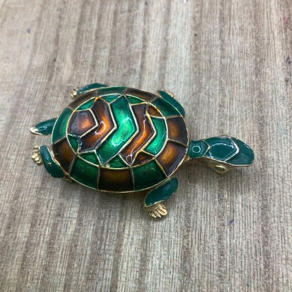 Turtle Tortoise Vintage Green Brown Enamel Gold Tone Brooch Pin - Picture 3 of 6